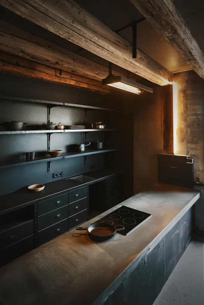blackened steel reclaimed wood kitchen elevated angle
