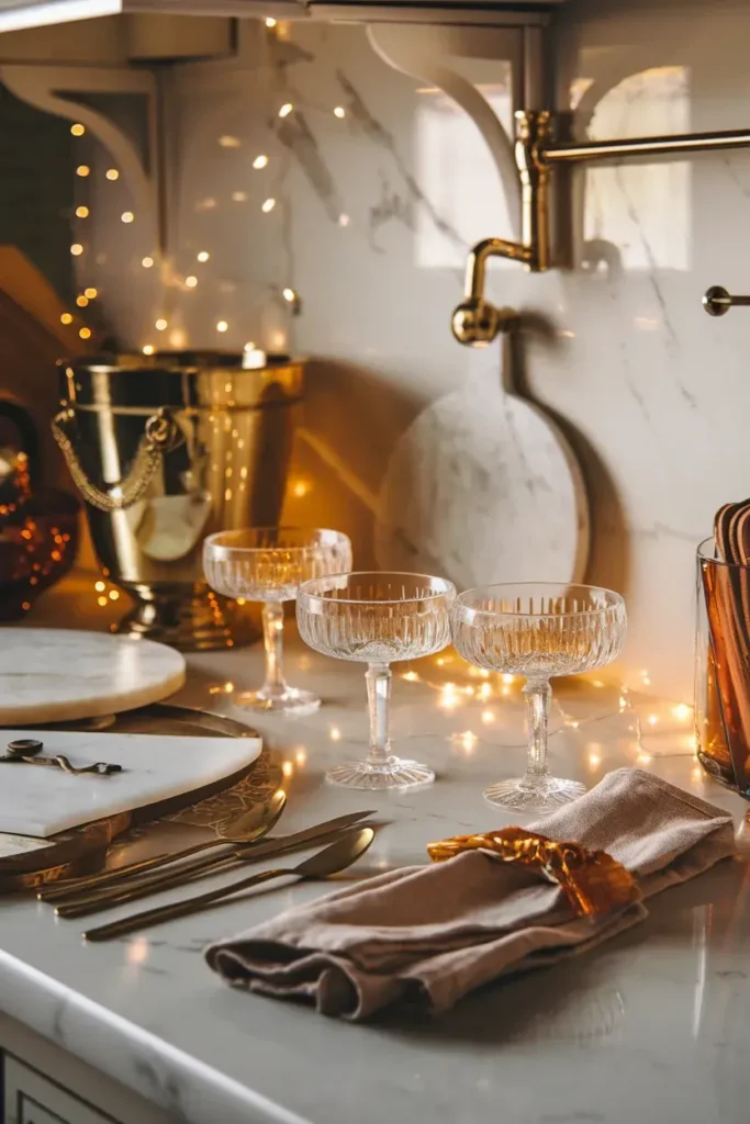 champagne brass kitchen close shot celebration glasses