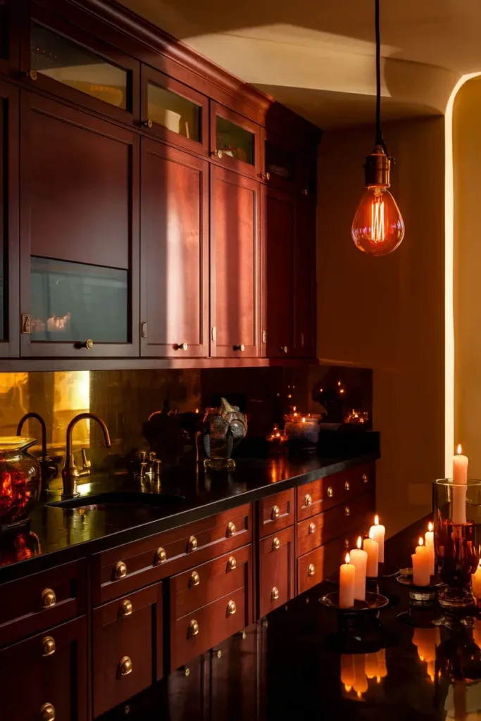 cherry wood kitchen diagonal shot deep red tones