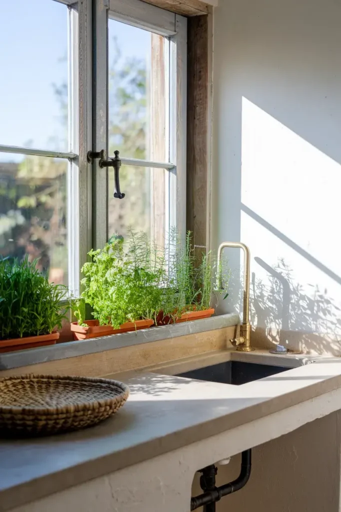 compact kitchen window seat low angle herb garden