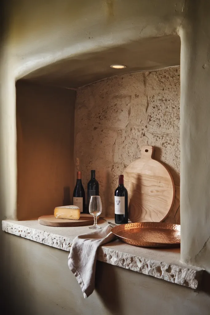 copper stone kitchen medium shot wine cheese ledge