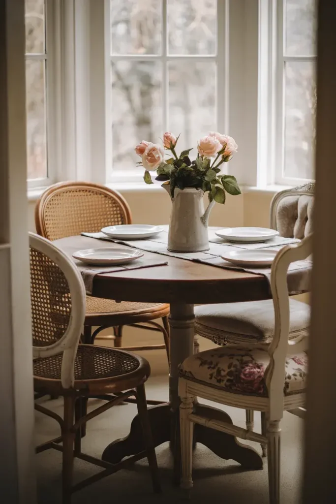 cottagecore dining nook mismatched chairs