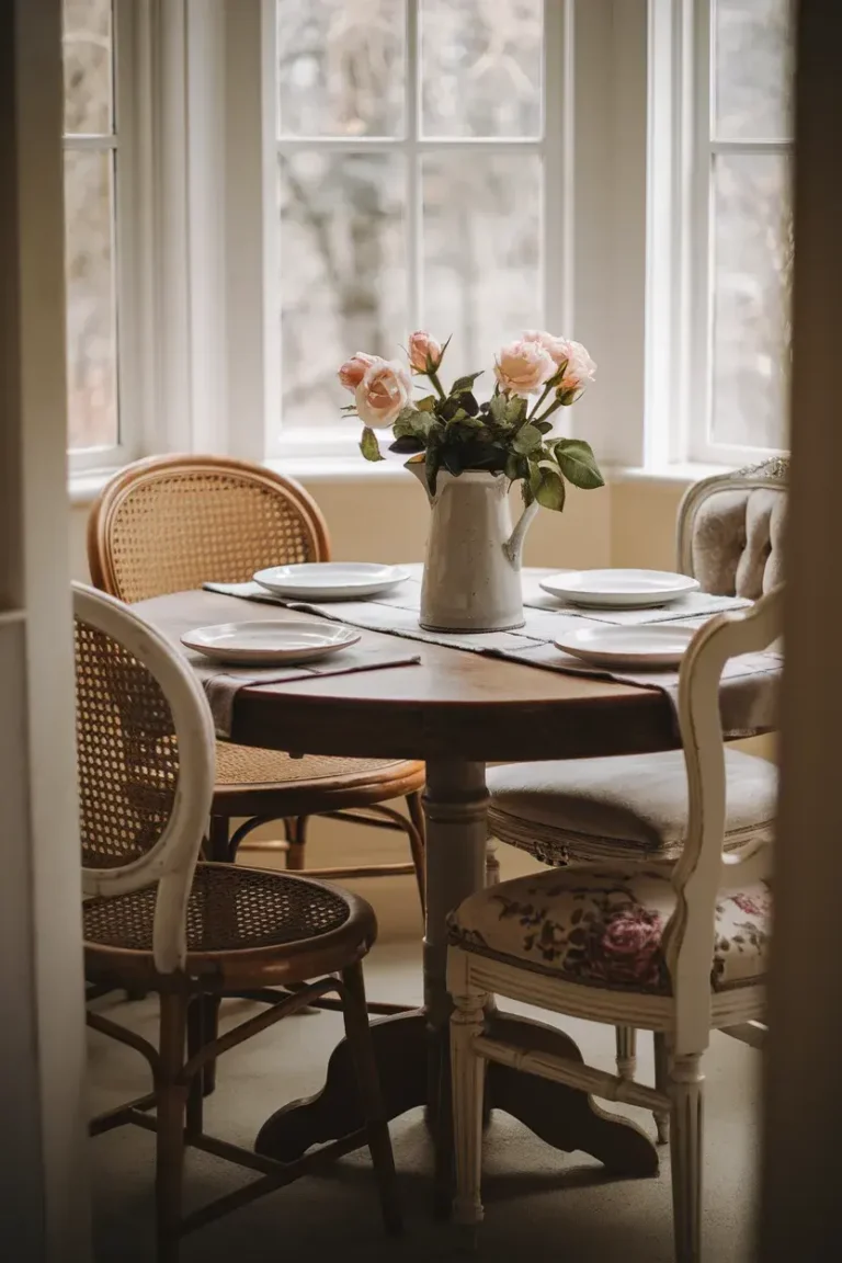 cottagecore dining nook mismatched chairs