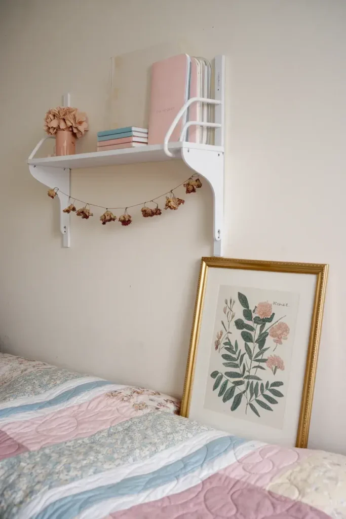 cottagecore dorm room shelf styling