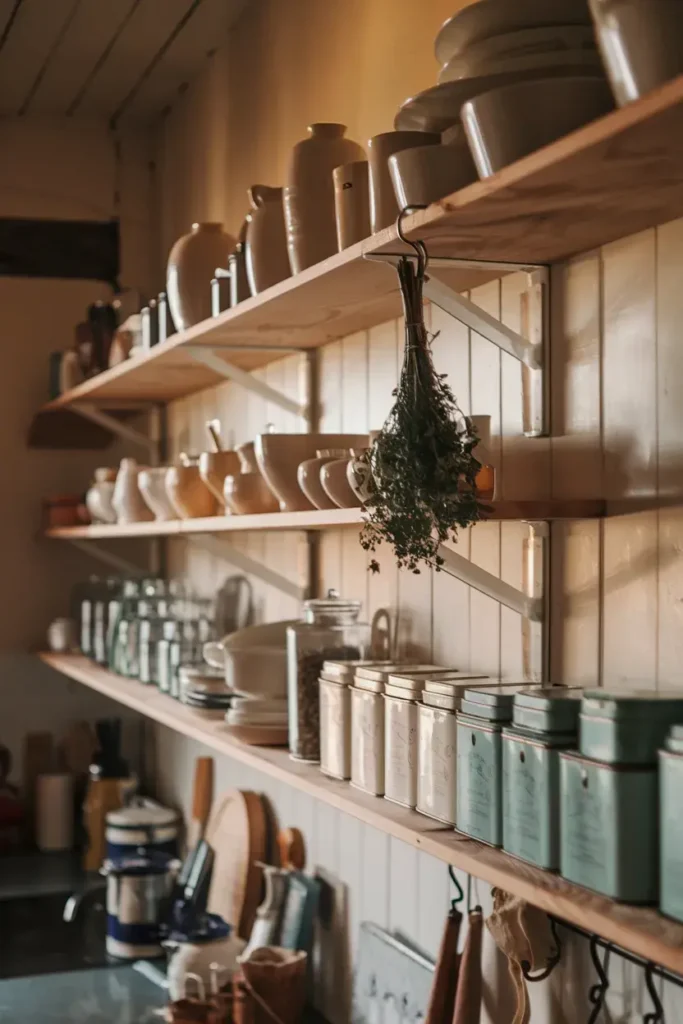 cottagecore kitchen open shelving display