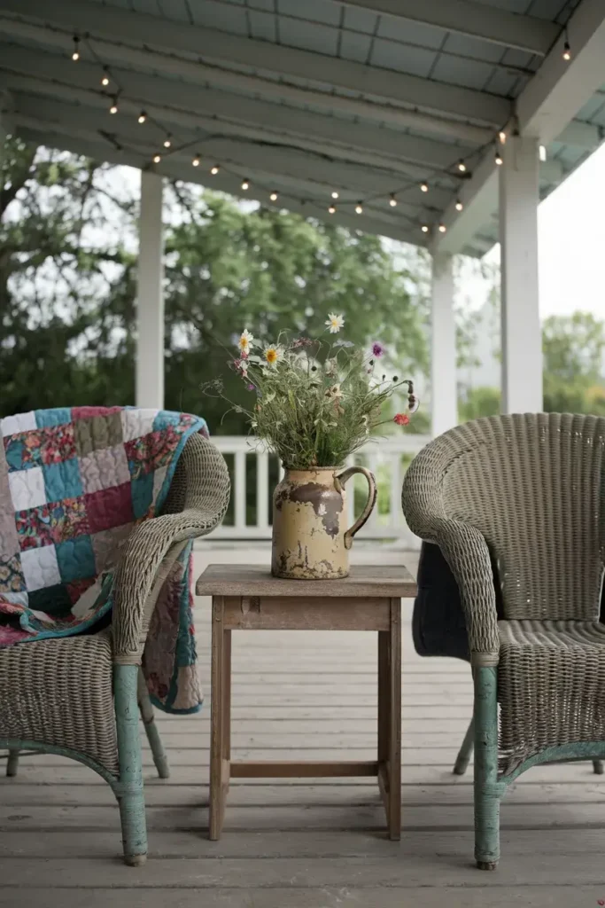 cottagecore porch sitting area wicker