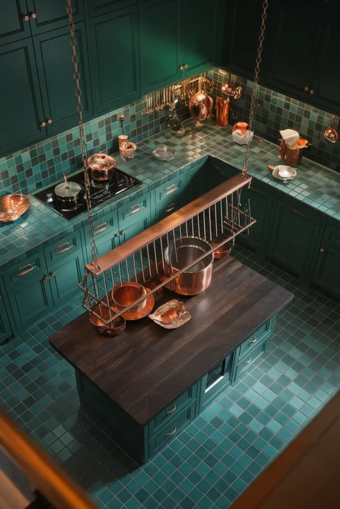 emerald tile kitchen overhead hanging copper pots