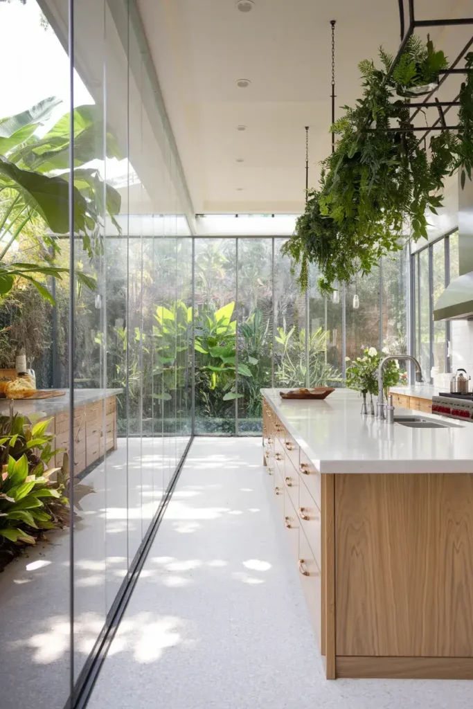 glass wall kitchen wide shot greenery natural light