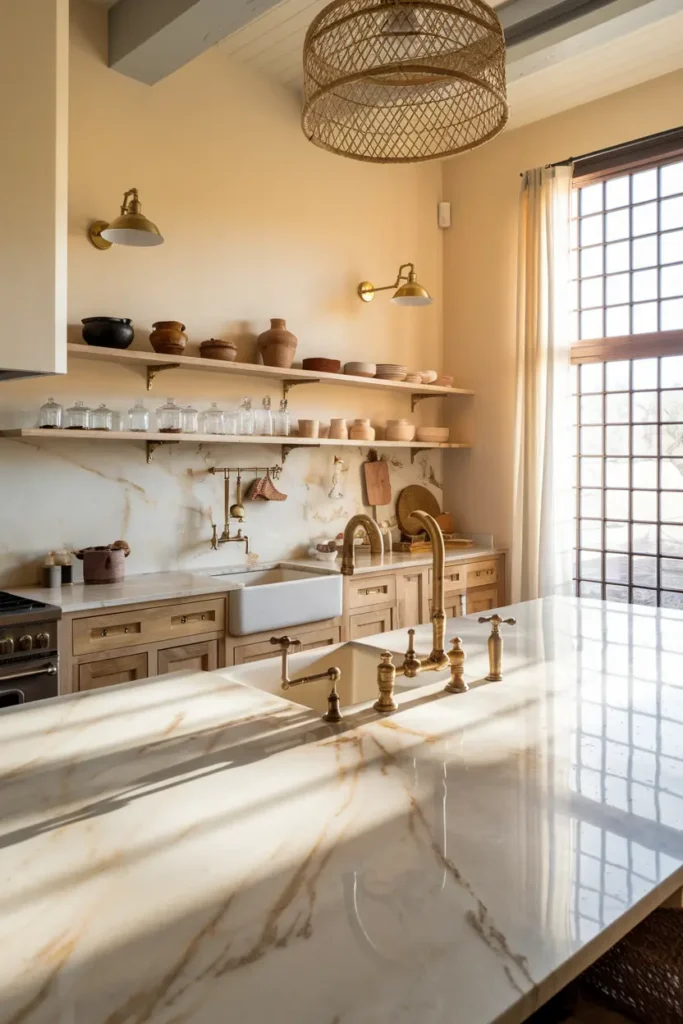 golden kitchen marble island brass fixtures morning light