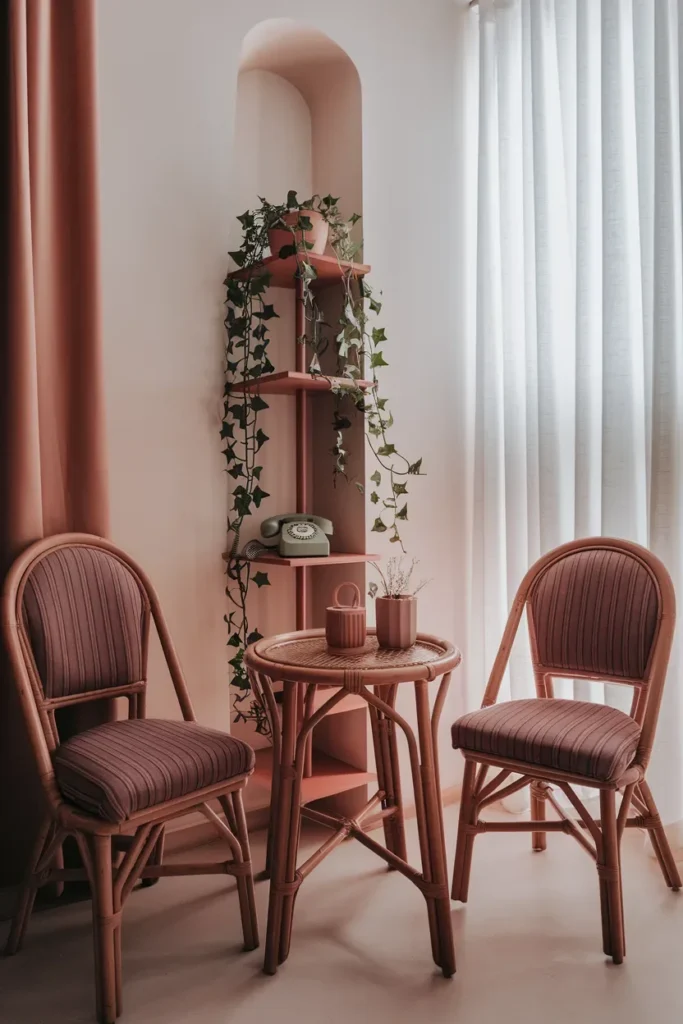 grandmillennial compact living room rattan bistro table