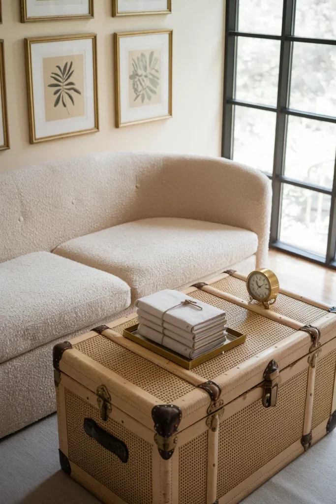 grandmillennial living room boucle sofa rattan trunk