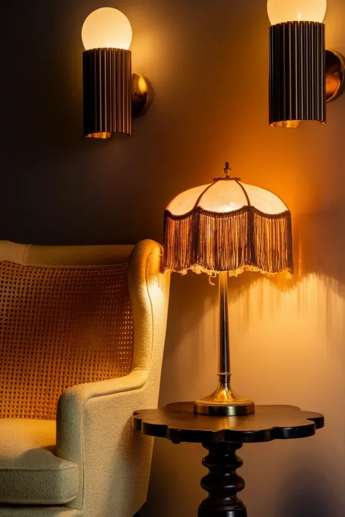 grandmillennial living room brass sconces cane armchair