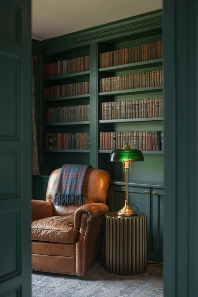 grandmillennial living room built in bookshelves leather chair