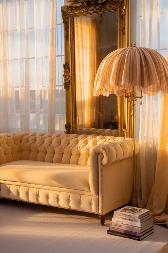 grandmillennial living room butter yellow sofa gilt mirror