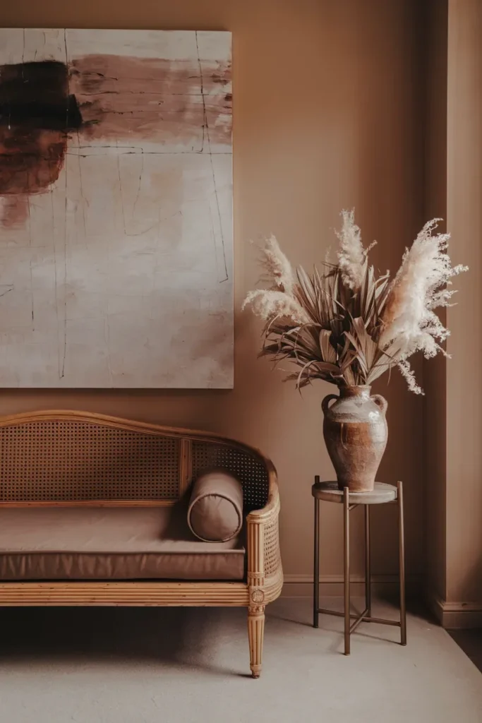 grandmillennial living room cane bench modern art mix