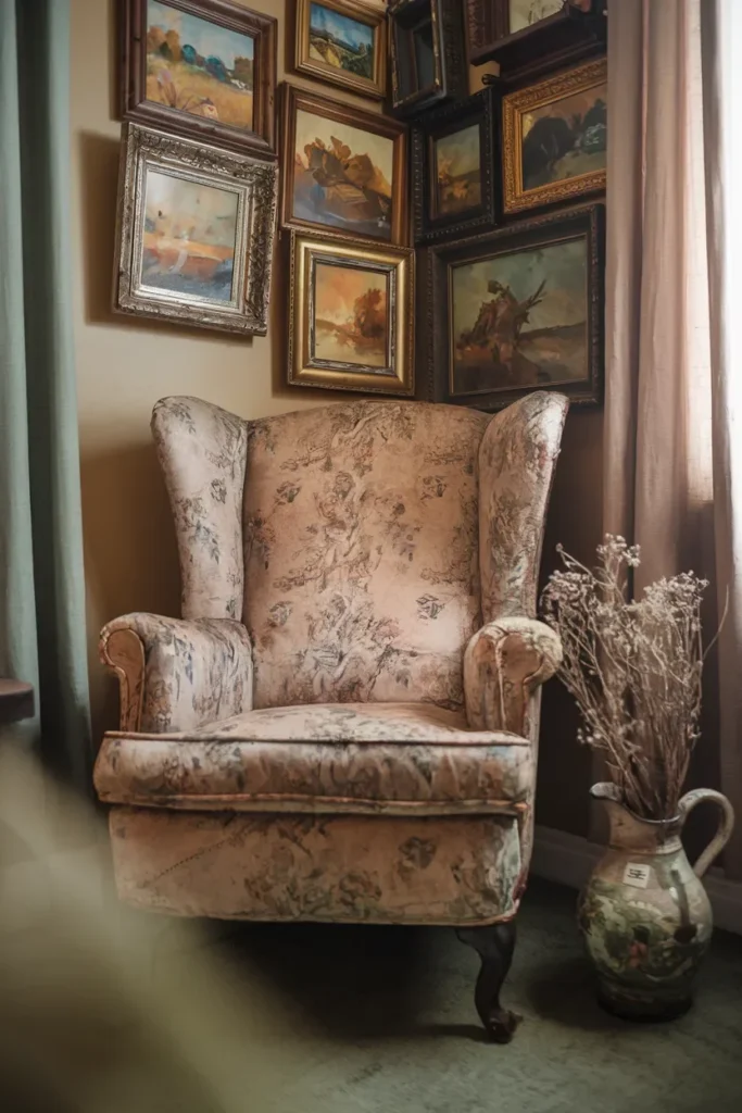 grandmillennial living room faded floral armchair flea market art