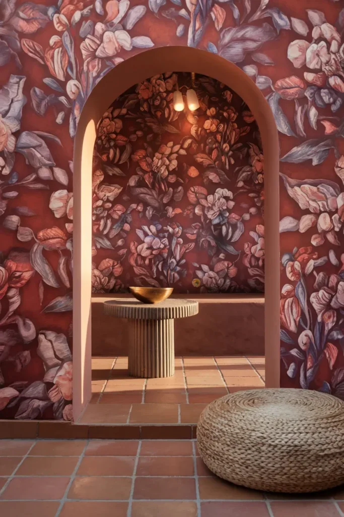 grandmillennial living room floral archway terracotta floor
