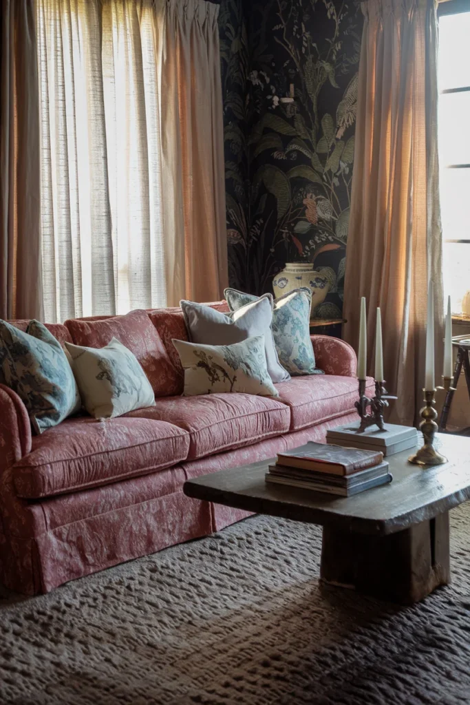 grandmillennial living room floral chintz sofa brass lamp