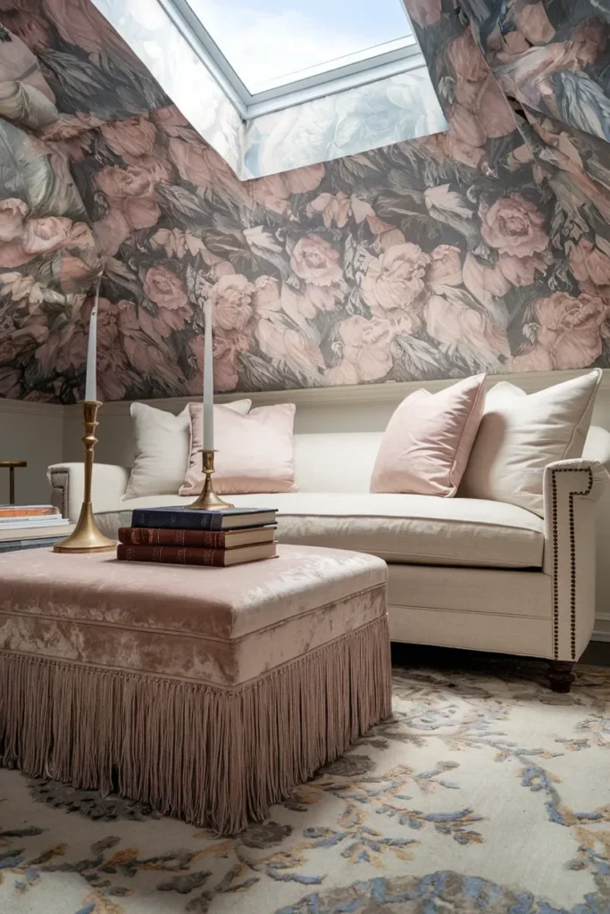 grandmillennial living room floral wallpapered ceiling low sofa
