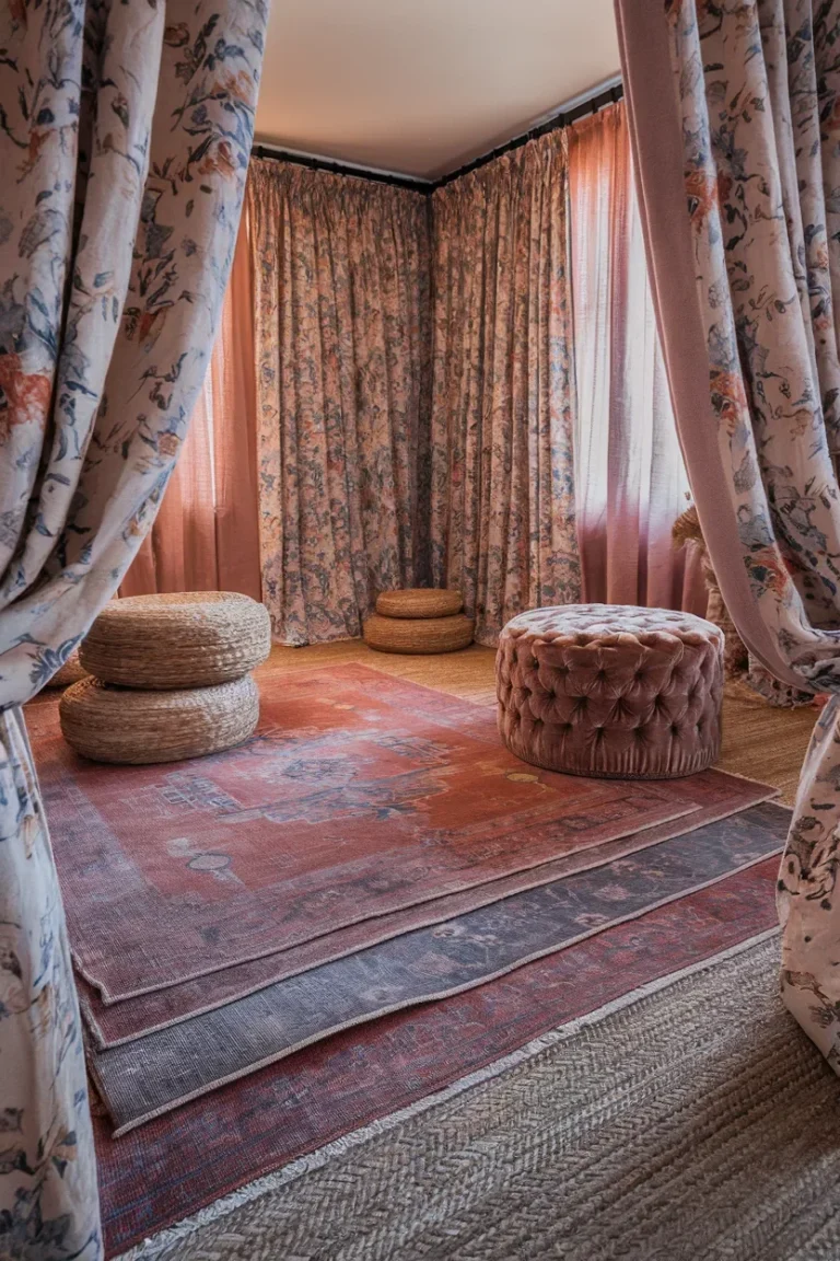 grandmillennial living room layered rugs floral curtains