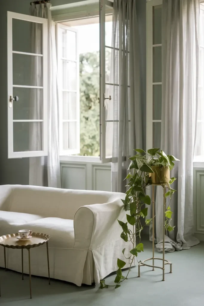grandmillennial living room linen sofa open windows trailing plants