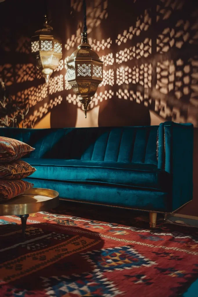grandmillennial living room moroccan rug brass lanterns velvet
