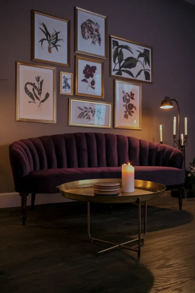 grandmillennial living room plum velvet sofa evening light