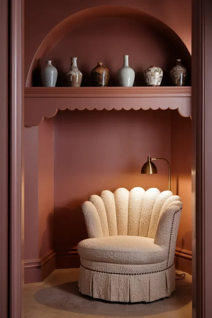 grandmillennial living room rose walls scalloped shelf