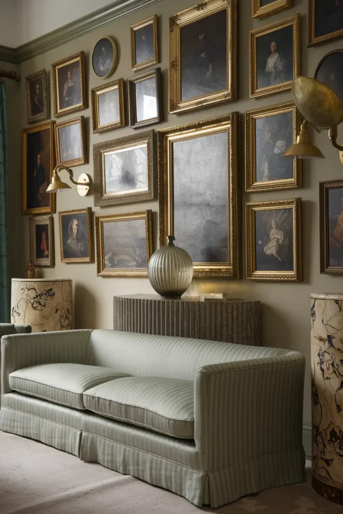grandmillennial living room skirted sofa gallery wall