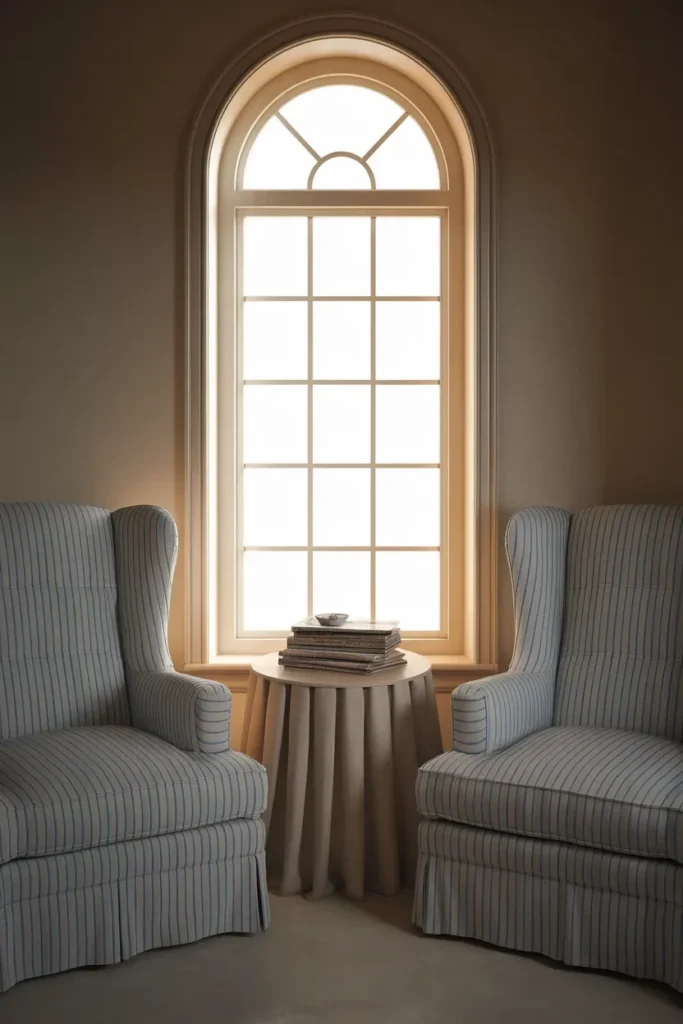 grandmillennial living room ticking stripe armchairs window