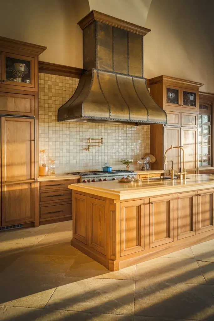 honey oak kitchen wide shot warm afternoon glow