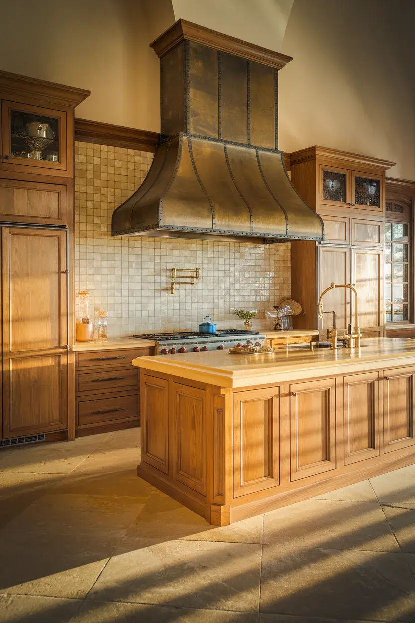 honey oak kitchen wide shot warm afternoon glow