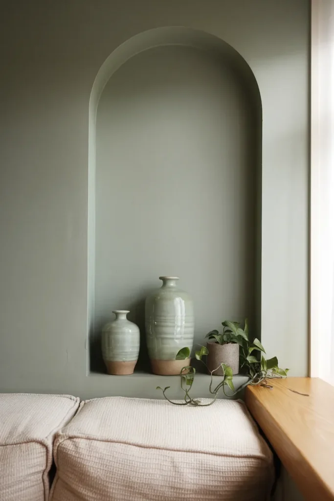 japandi living room celadon accent wall medium shot ceramic shelf