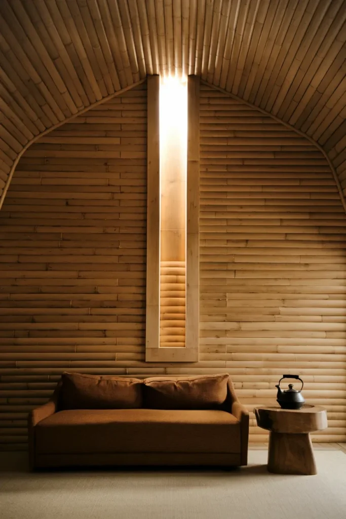 japandi living room close medium shot bamboo ceiling warm honey