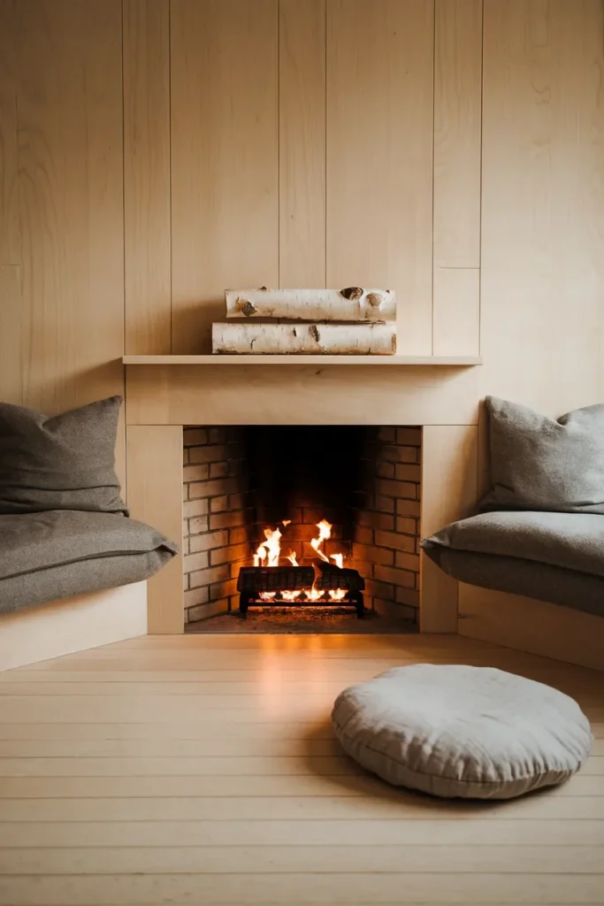japandi living room fireplace alcove pale ash wood winter mood