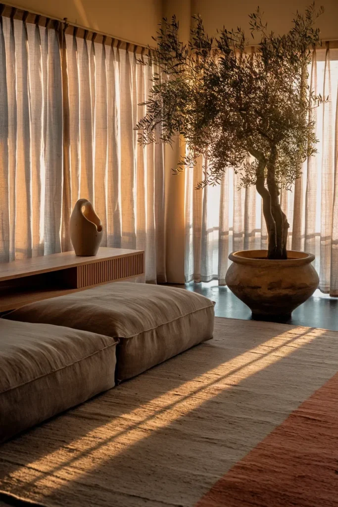 japandi living room golden hour wide angle full room warm complete