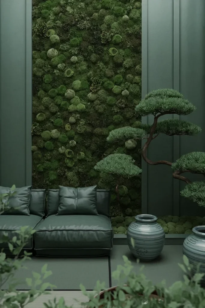 japandi living room indoor plants moss wall dark green linen