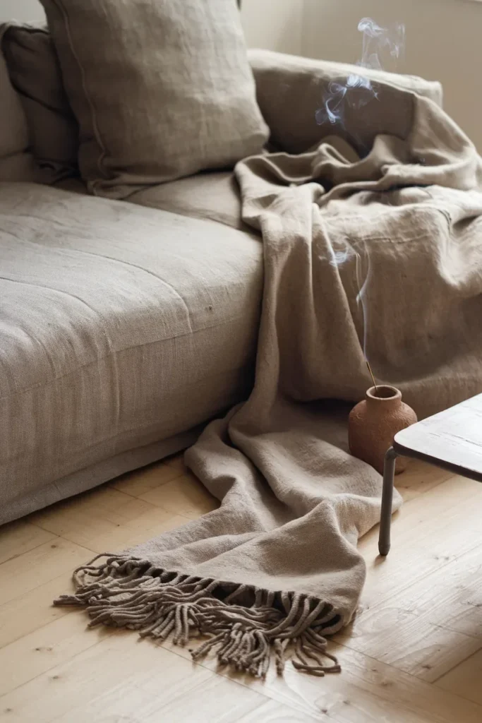 japandi living room layered linen throw medium wide morning unmade