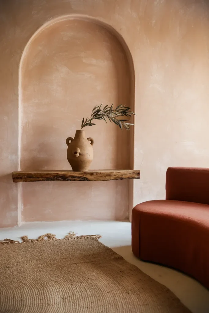 japandi living room medium shot raw plaster terracotta handmade