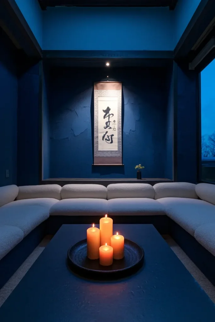 japandi living room night interior candlelight indigo wall low glow