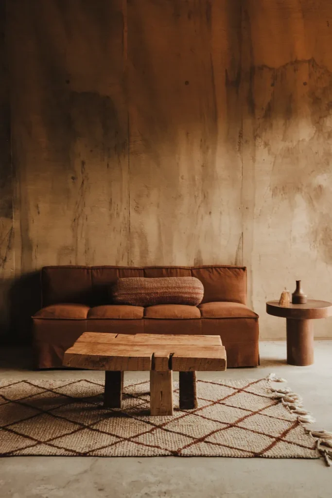 japandi living room raked concrete wall rust linen medium shot