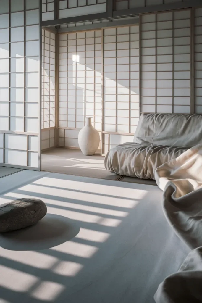 japandi living room shoji screen diffused light white oak