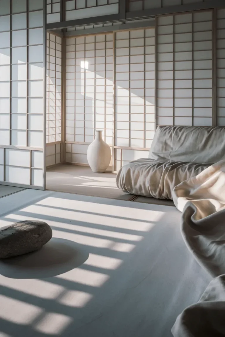 japandi living room shoji screen diffused light white oak