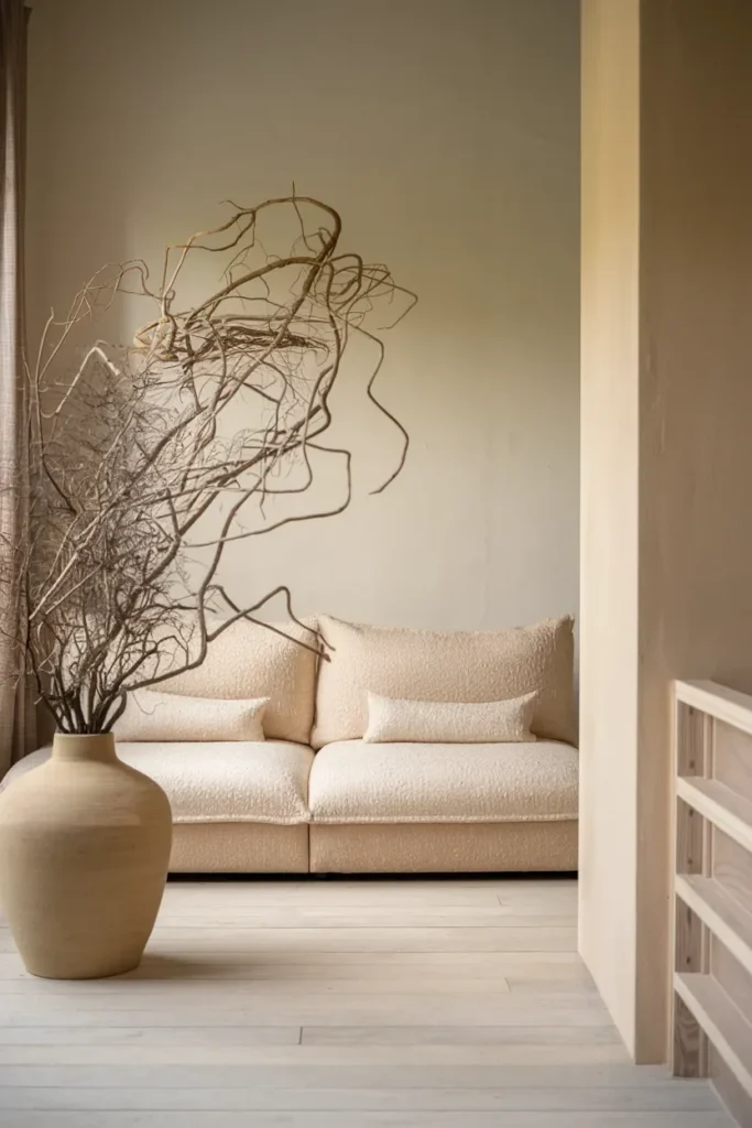 japandi living room statement branch vessel cream wall negative space