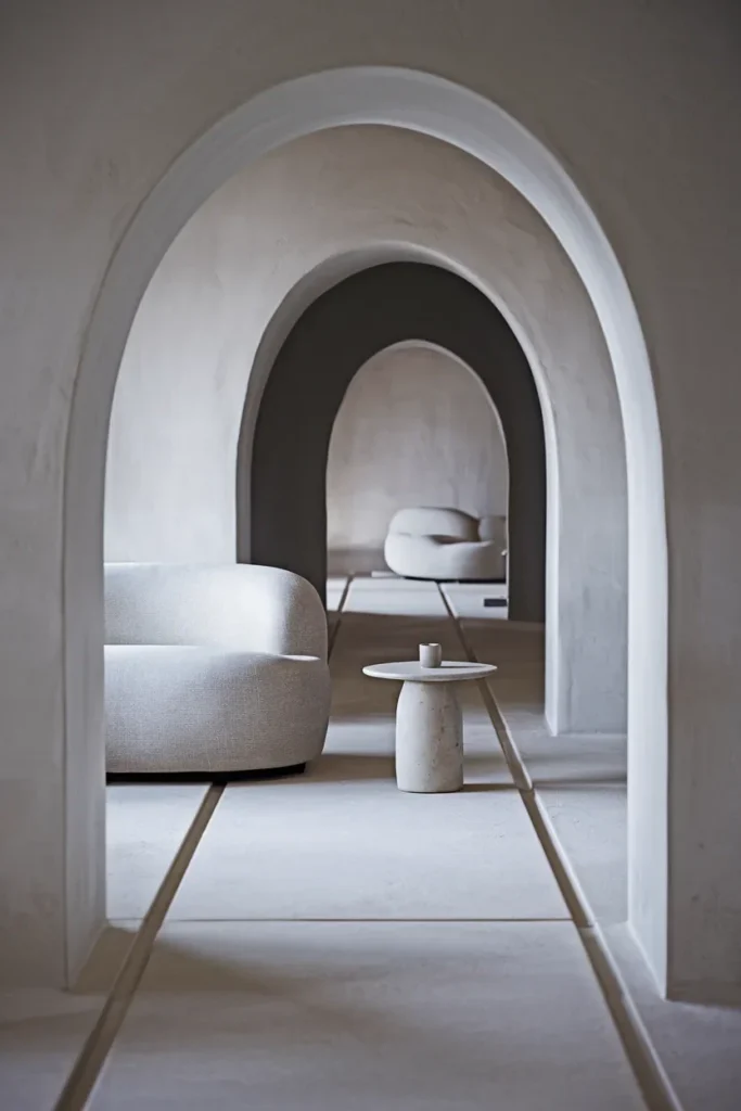 japandi living room wide angle arched doorway limestone pale grey