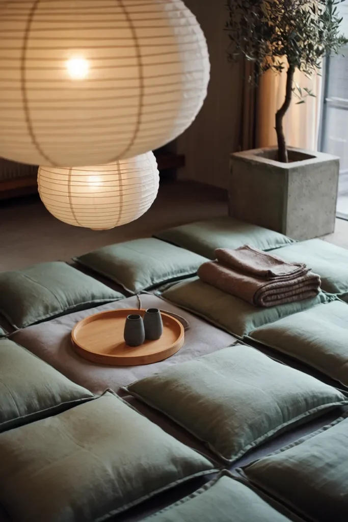 japandi living room wide low angle floor seating sage green