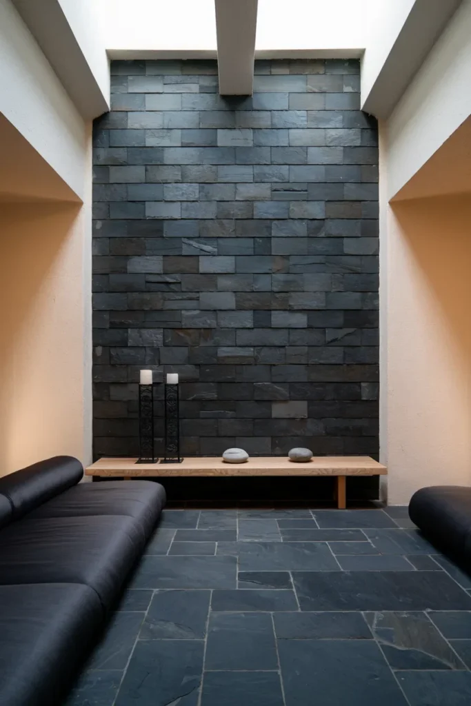 japandi living room wide shot slate tile feature wall iron grey
