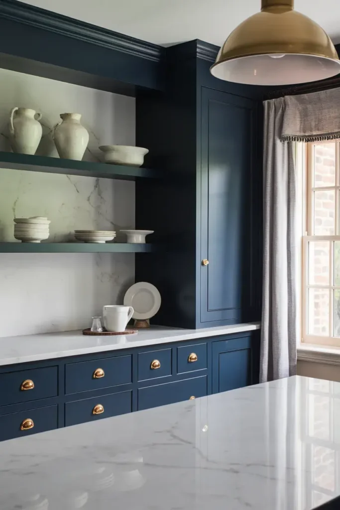 navy cabinetry brass hardware kitchen side profile