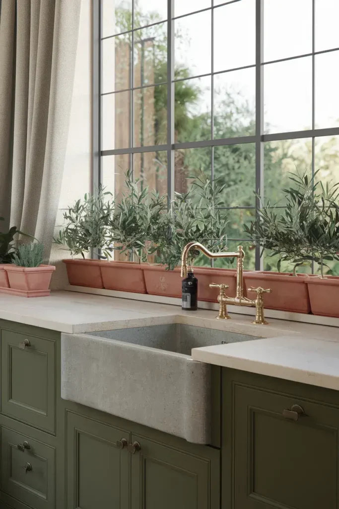 olive green kitchen front view brass faucet natural light
