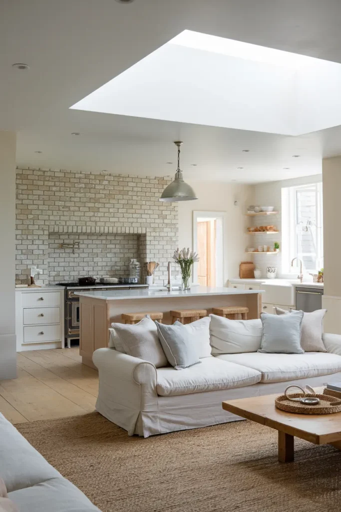 open plan kitchen linen sofa limewash brick three quarter